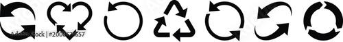 Collection of seven circular arrow icons in various styles including recycling and heart shapes.