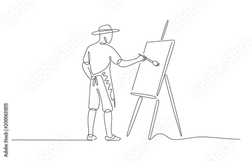 Artist painting on canvas minimal one line continuous outline illustration.