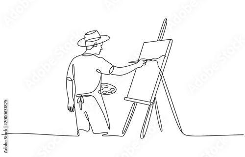 Artist painting on canvas minimal one line continuous outline illustration.
