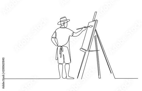 Artist painting on canvas minimal one line continuous outline illustration.