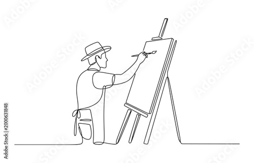 Artist painting on canvas minimal one line continuous outline illustration.