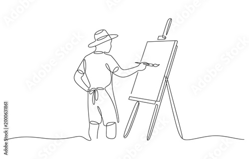 Artist painting on canvas minimal one line continuous outline illustration.