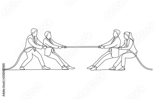 One continuous line drawing of four businessmen pulling rope competition business metaphor.