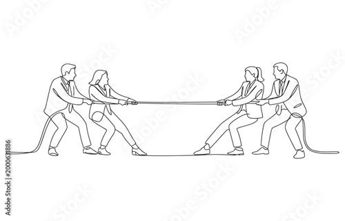 One continuous line drawing of four businessmen pulling rope competition business metaphor.