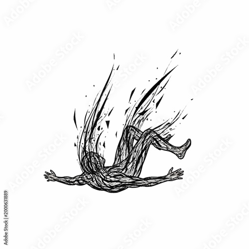 Abstract figure falling apart in black ink style.