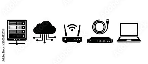 Network Infrastructure Icons Set: Server, Cloud, Router, Switch, and Laptop. Digital communication technology collection in flat black vector design for enterprise IT solutions, data storage, and conn