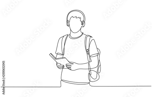 Continuous single line sketch drawing art of college campus student man with bag backpack and stack books.
