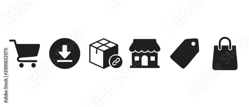 E-commerce Icon Set Shopping Cart Download Box Shop Tag Bag for Digital Retail Web Design Interface Elements Isolated Black Minimalist Symbols for Online Marketplace UI UX Business Marketing Collectio