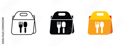 Food delivery bag icons in multiple styles for catering services.