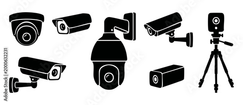 Security camera icons set, cctv surveillance system collection. Professional digital video equipment for home monitoring, safety protection, recording gear and protection devices isolated on white bac