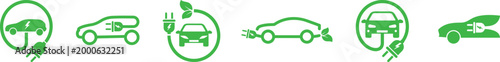 Green electric car and charging plug icons on transparent background.