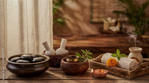 Panel kuchenny z motywem Ayurvedic Spa Setup Herbal Oils Stones Relaxation Wellness Realistic Still Life