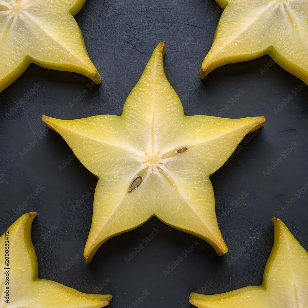 Fototapeta premium Backlit Starfruit Slices Macro Food Photography on Dark Stone