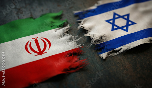 Torn flags of Iran and Israel symbolizing conflict and tension between the two nations. The damaged fabric highlights political strife and international relations.