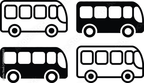 Four different stylized bus icons shown in contrasting black and white designs