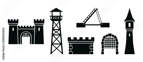 Castle elements icons set, medieval fortress gates, watchtower, and drawbridge isolated on white background for architecture design and historical game UI graphic assets, silhouette collection black s