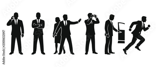 Bodyguard Team Silhouettes Set, Security Agent Protecting VIP, Suit Men Professional Tasks, Private Security Detail Concept, Secret Service Personnel Icons Isolated on White Background for Safety Grap