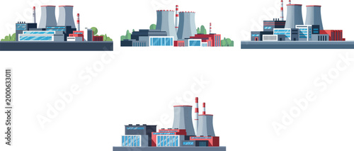 Nuclear power plant flat vector illustration set featuring cooling towers industrial factory buildings energy production facility