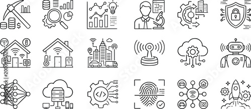 Modern technology and data science line icons set featuring artificial intelligence, smart home automation, cloud computing, cybersecurity, and digital business analytics.