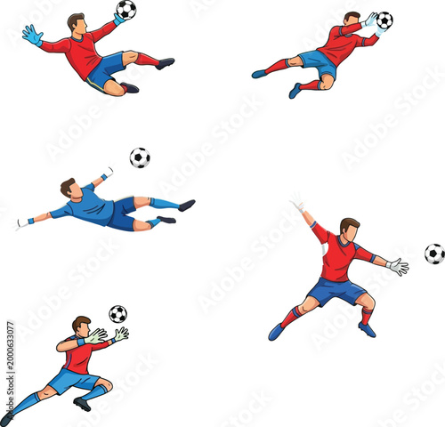 Soccer goalkeeper vector illustration set jumping and diving to catch ball in various action poses for football sport competition