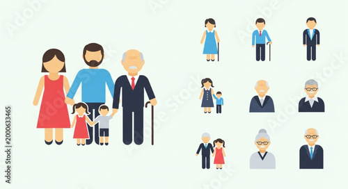 Diverse family generations depicted in flat illustration style.