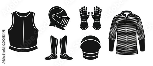 Knight Armor Set Icons Black Silhouette for Medieval Warrior Costume and Historical Equipment Design Elements Isolated on White Background for Gaming or Fantasy Graphic Project Illustration