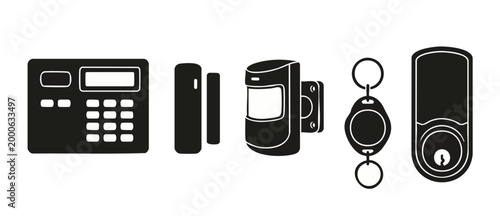 Home Security System Icons Set, Alarm Equipment Symbols, Motion Sensor and Smart Lock Hardware for Residential Safety Protection, Vector Illustration for Modern Smart Home Automation and Surveillance