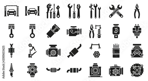 Foto Black icons of tools and machinery.