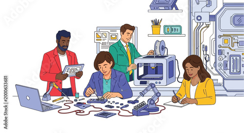 Diverse team of professionals collaborating on innovative technology development utilizing 3d printing and robotics in a modern laboratory setting planning and executing complex