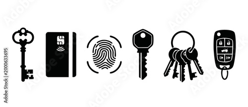Access Control Security Icons Set: Keys, Credit Card, Fingerprint and Car Remote Fob Symbols for Digital Authentication, Cyber Protection, Safety Verification, Privacy and Encryption Concepts Black Ve
