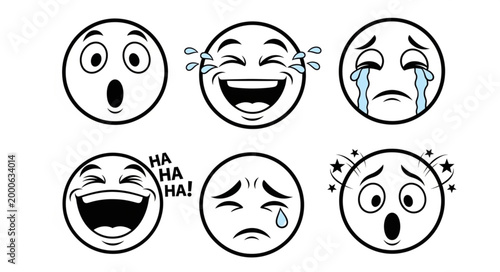 Set of six cartoon emotion faces showing different expressions.
