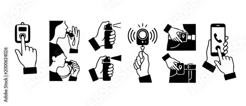 Personal Safety Emergency Icons Set, Self Defense Tools and Security Alert Gadgets. Vector illustrations showing pepper spray, safety whistle, GPS tracker, mobile alarm app, and panic button for prote