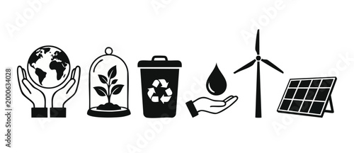 Sustainability icons set representing environmental protection, renewable energy, and recycling concept. Black vector flat design elements for green ecology, global conservation, solar power, and clea