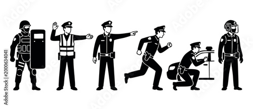 Police officer silhouettes set, law enforcement characters in various actions and tactical gear including riot control, traffic duty, patrolling and emergency response isolated on white background ico