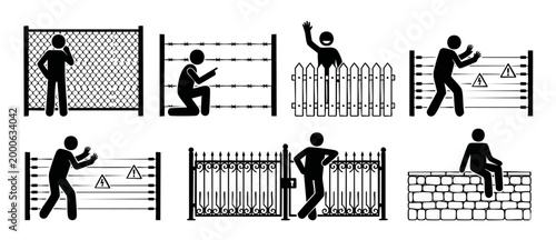 People Behind Fences Icons Set, Human Stick Figures With Various Security Barriers, Prison Concept and Boundary Obstacles, Black and White Vector Symbols Collection of Safety, Restriction and Border C