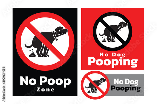 Set of no dog pooping signs. No poop zone warning symbol with dog silhouette and red prohibition circle. Vector illustration for park rules.