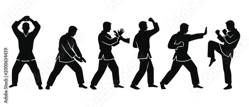 Martial arts silhouette fighter collection, set of karate poses and self defense movements in black vector isolated on white background for sports training graphics, fitness combat and discipline conc