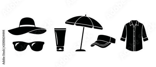 Summer Beach Vacation Icons Set, Travel Accessories Collection for Holidays, Flat Vector Silhouettes of Hat, Sunglasses, Sunscreen, Parasol, Cap and Shirt for Tourism, Leisure and Tropical Sea Concept