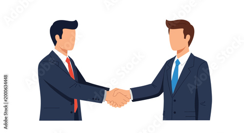 Two businessmen in suits shaking hands firmly symbolizing agreement partnership and successful collaboration in a professional corporate setting against a clean white background