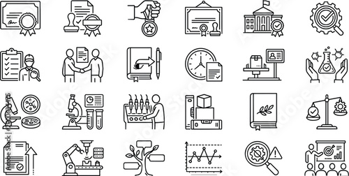 Quality assurance and certification line icons set featuring diploma, regulatory compliance, laboratory testing, industrial standards, business agreement, and legal document verification symbols.