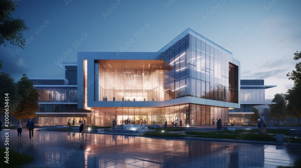 Obraz premium Sleek glass library or museum building with illuminated interior and reflective plaza ground.