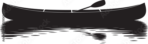 Black silhouette of a canoe with a paddle resting on rippling water. Silhouette vector illustration