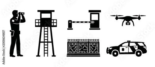 Security and Surveillance Icon Set: Guard, Watchtower, Gate, Drone, and Patrol Car for Facility Perimeter Protection, Border Control, and Industrial Safety Monitoring Systems, Minimalist Vector Illust