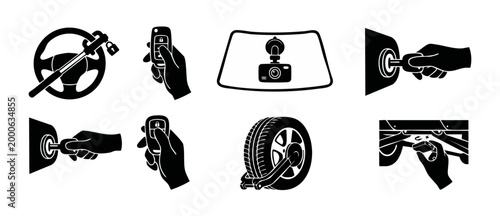 Car Security and Protection Icons Set, Vehicle Anti-Theft Tools, Steering Wheel Lock, Remote Keyless Entry, Dashcam, Ignition Key and Tire Clamp Symbols for Automotive Safety and Driver Assistance Sys