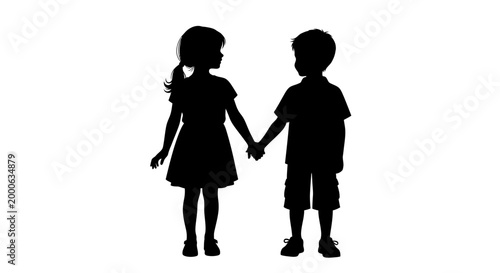 Tableau sur toile children holding hands silhouette on white background