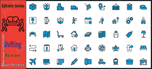 Shifting & Relocation 45 Icons Pack, Editable Stroke - Modern Moving, Delivery, Logistics, and Home Transfer Services Icon Set