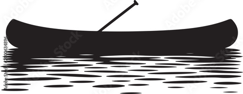 Black silhouette of a canoe with a paddle resting on rippling water. Silhouette vector illustration