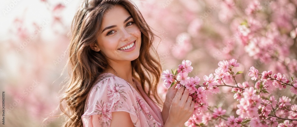 Fototapeta premium Beautiful woman pink flower holidays spring happiness joy emotions