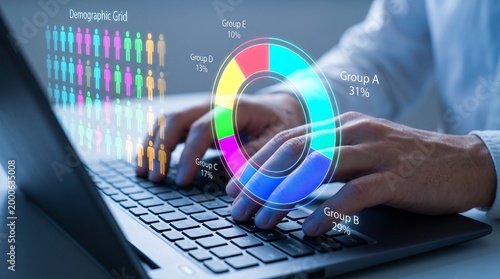 Hands type on a laptop as holographic charts and a demographic grid float above the keyboard. It is a visual metaphor for the digital alchemy of turning raw human data into actionable, colorful insigh