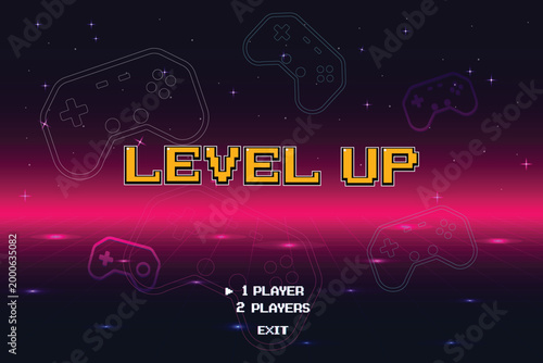 LEVEL UP icon pixel art. 8 bit game. retro game. Retro Futurism Sci-Fi Background. glowing neon grid and stars from vintage arcade computer games
